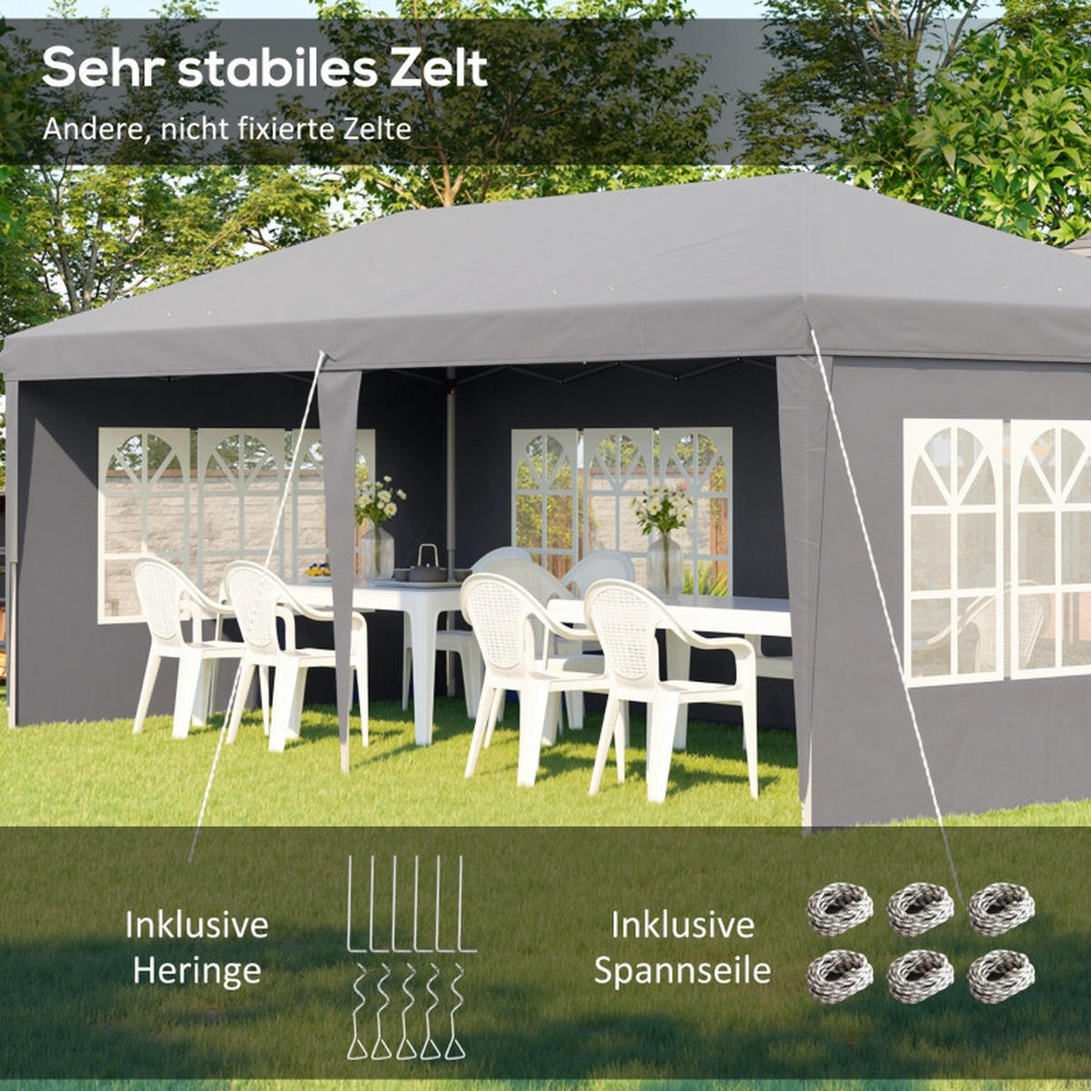 PAVILLON 3x6 m mit 4 Seitenwänden grau - Grau, Metall (295/270/585cm) - ComfortXL
