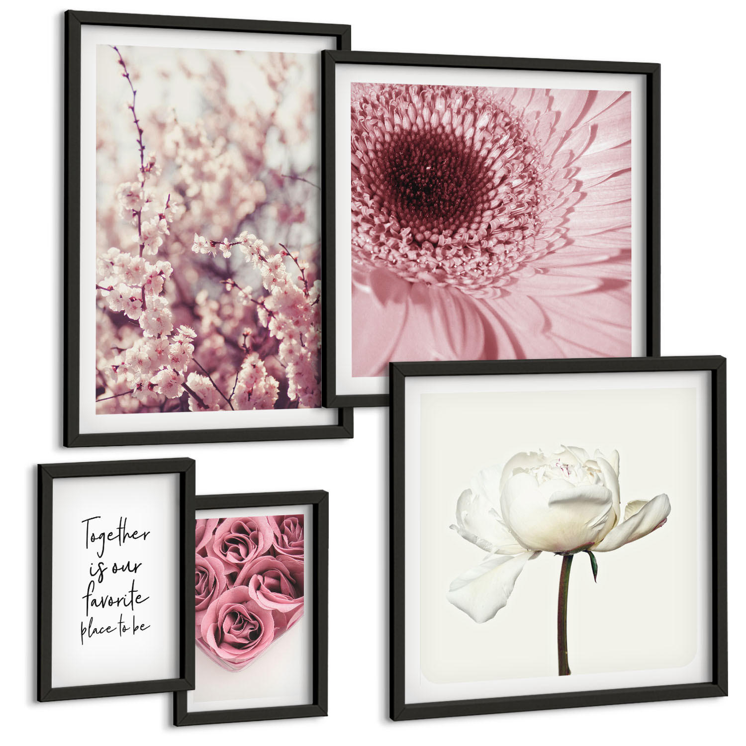 BILDER SET 5er Set - 50x50 cm & 20x30 cm & 40x60 cm Schwarzer Rahmen - Blumensträuße mit Rosen, Hausinschrift - Schwarz, Kunststoff (40/60cm) - TULUP