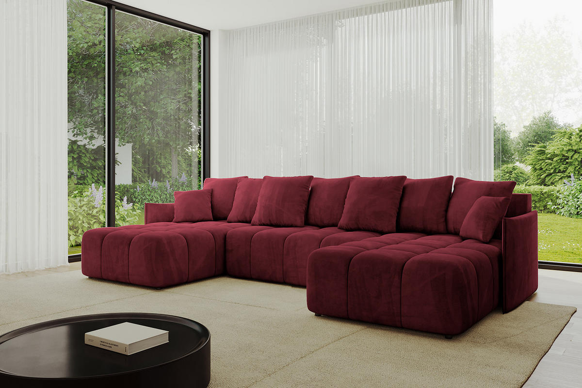 WOHNLANDSCHAFT LONLI-U 355x189x68 Bordeaux Velours - Bordeaux, Holzwerkstoff/Kunststoff (355/68/189cm) - ALTDECOR