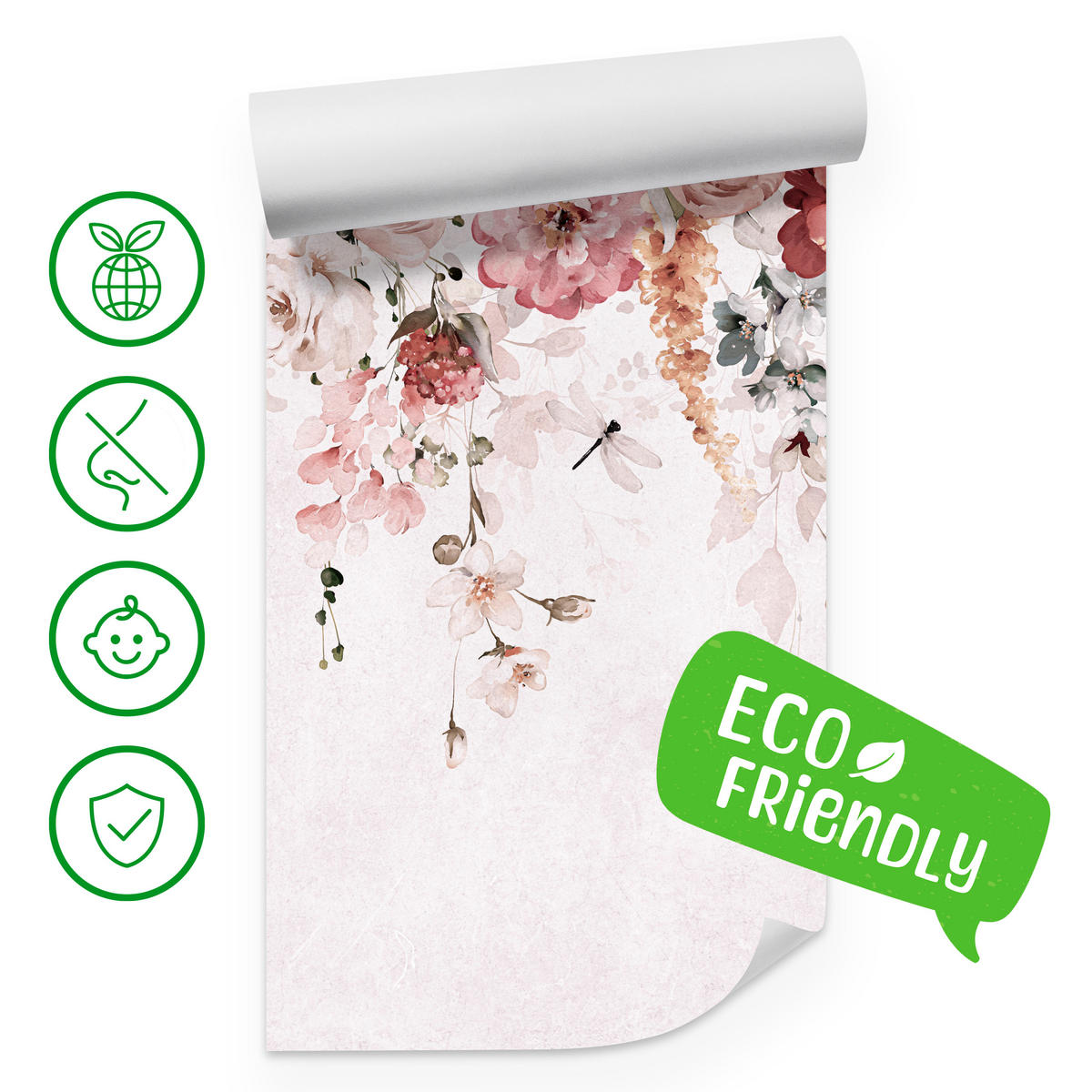 FOTOTAPETE für Schlafzimmer Aquarell Bunte Blumen Ranken Blätter 400x280 - Rot/Rosa, Papier (400/280cm) - Muralo