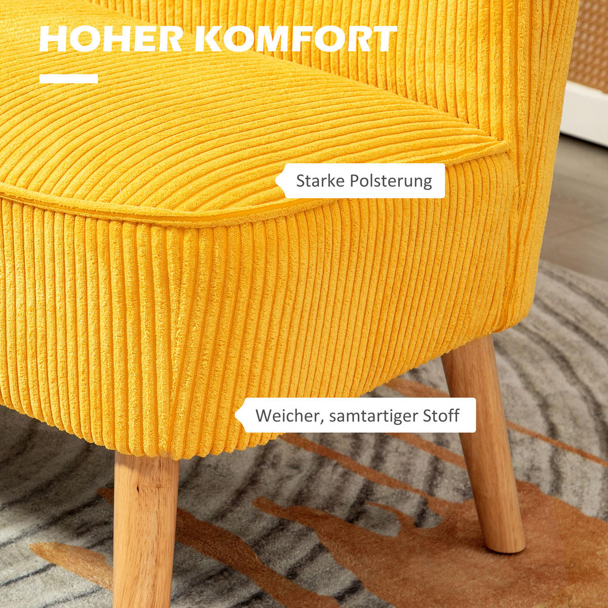 2-SITZER Sofa Polstersofa Doppelsofa Zweisitzer Sofa Cordartiges Polyester Gelb - Gelb/Naturfarben, Holz/Textil (56.5/77/117cm) - HOMCOM
