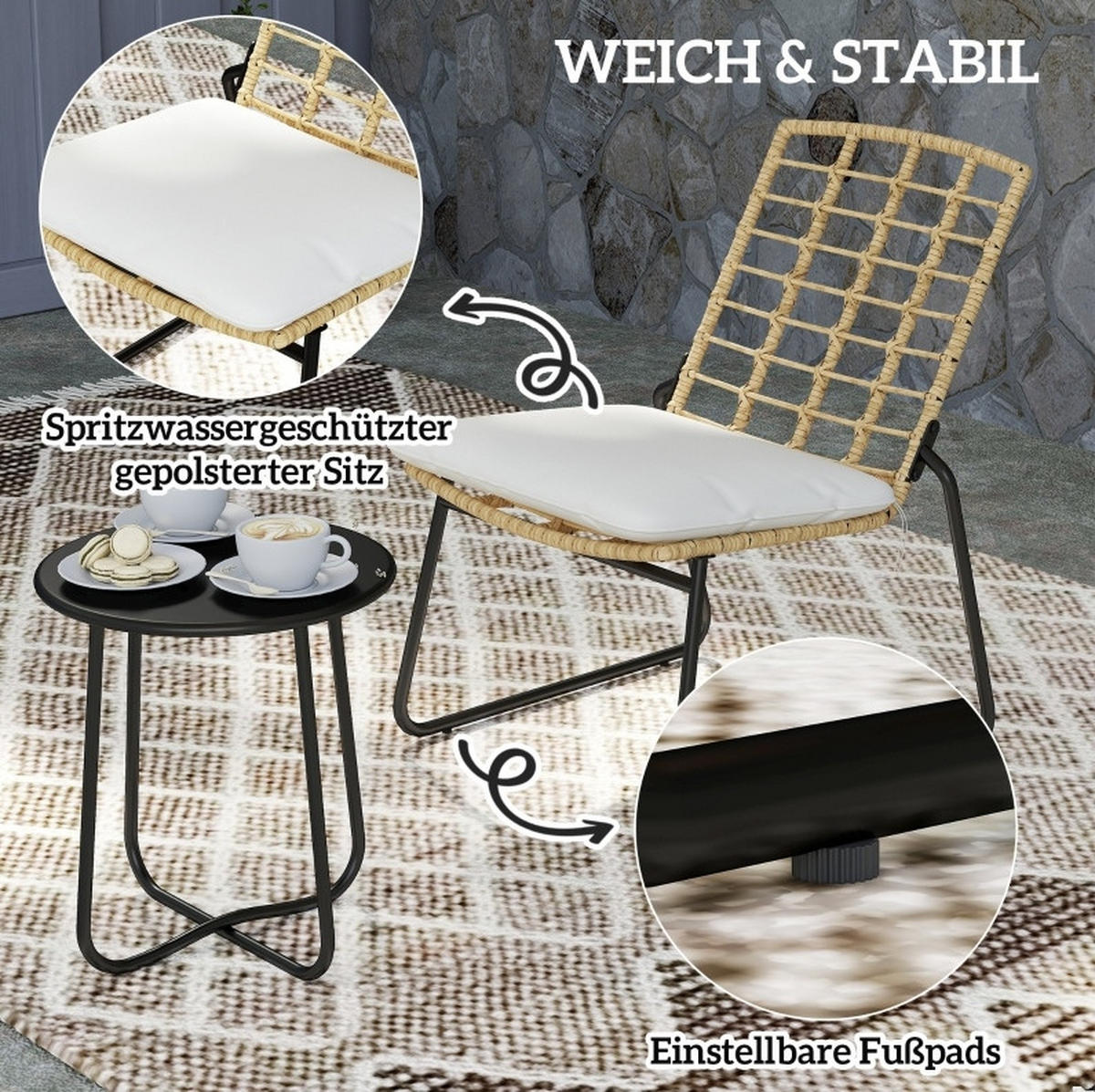 BALKONSET 3-teilig,40×40×46cm Polyrattan mit Kissen und Tisch - Beige, Naturmaterialen - Modfu