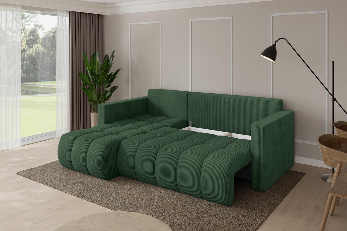 ROHOVÁ SEDAČKA s funkcí spaní, otoman vlevo GARD-L 226x146x85 zelená manšestr - černá/tmavě zelená, kompozitní dřevo/textil (226/146cm) - ALTDECOR
