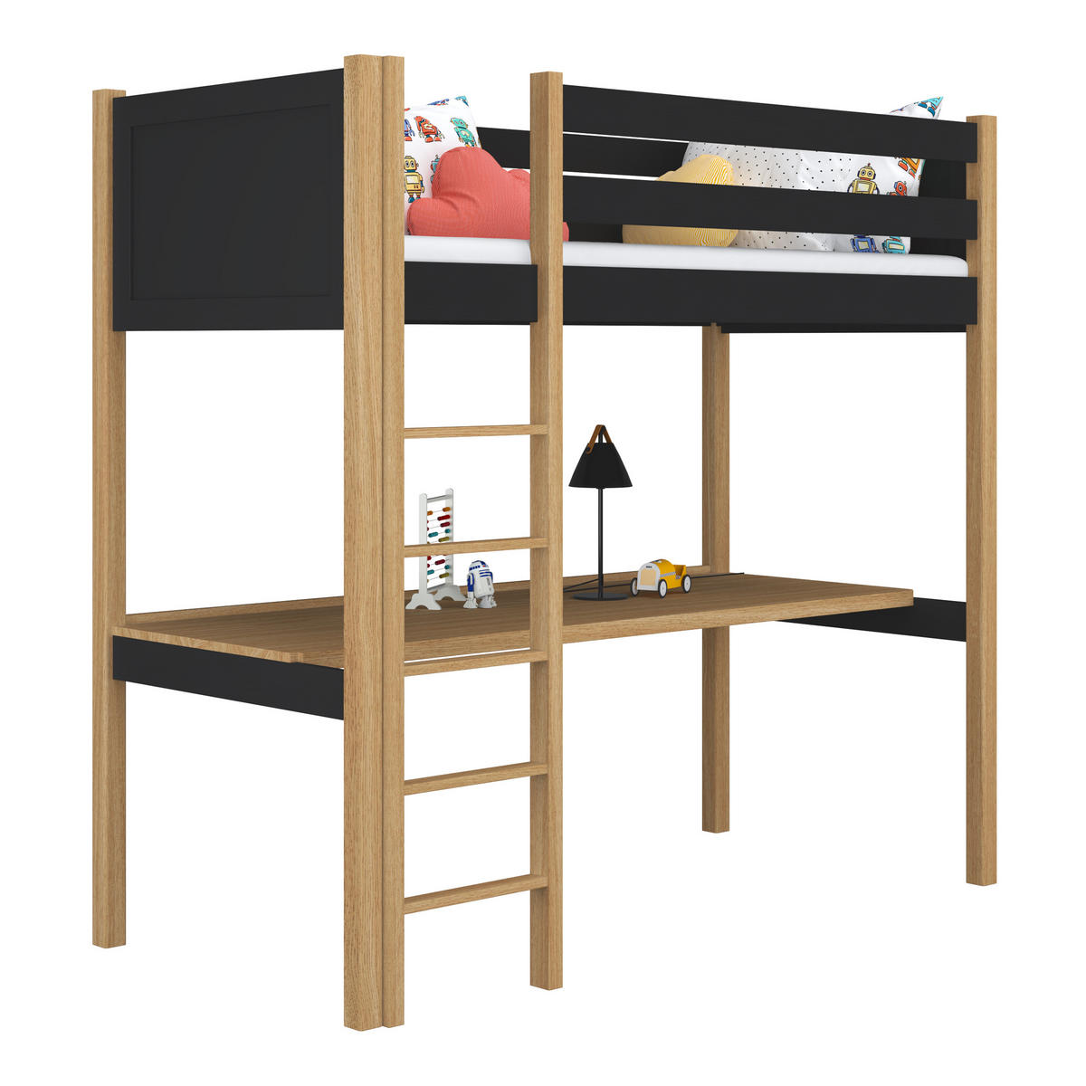 HOCHBETT N06 mit Schreibtisch Schwarz / Eiche Natur 90/190 - Schwarz/Eiche Artisan, Naturmaterialien/Holz (90/190cm) - N-Wood