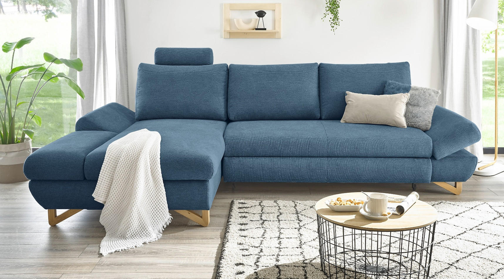 ECKSOFA blau Struktur-Stoff, Sofa mit Bettfunktion und Stauraum 284 cm - Blau, Holz/Textil (166/284cm) - Furn.Design