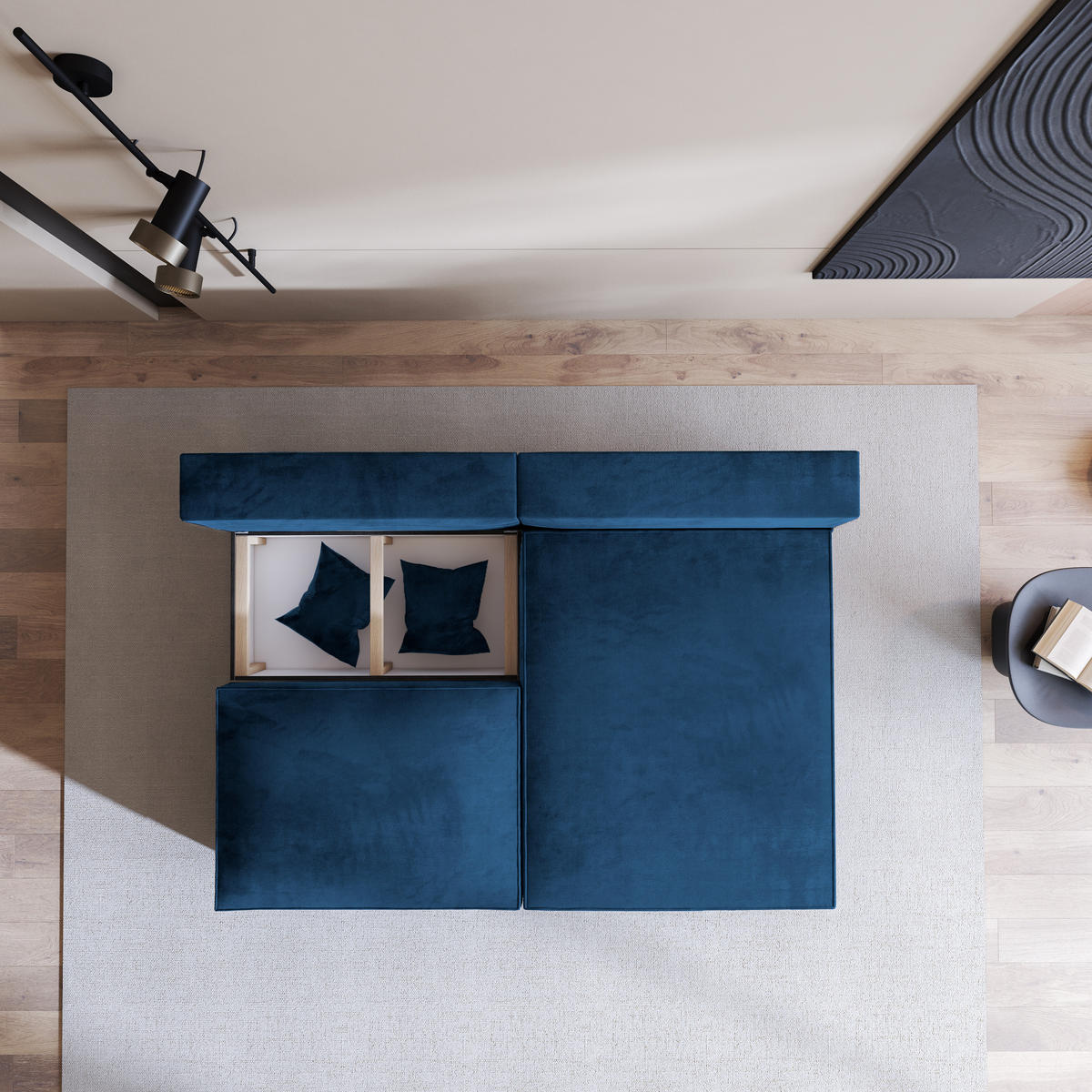 ECKSOFA FIORO M Blau Velours-Stoff mit Schlaffunktion - Blau, Holz (204/148cm) - MASSENO