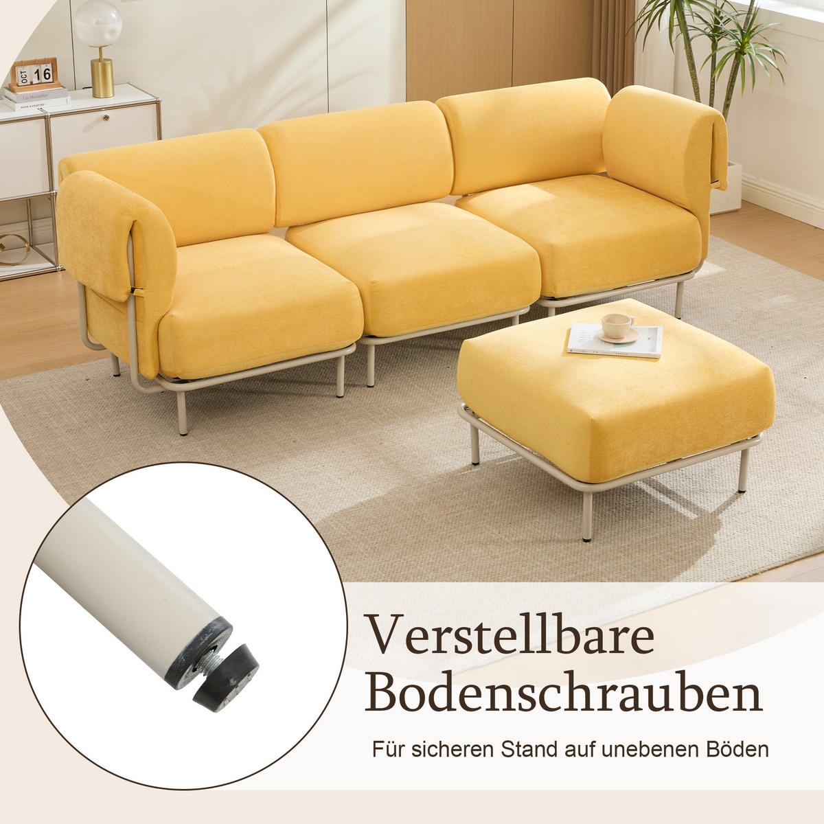 ECKSOFA 251/155/78 cm Senfgelb Chenille mit 1 Fußhocker - Currygelb/Grau, Textil (155/251cm) - Oxeza