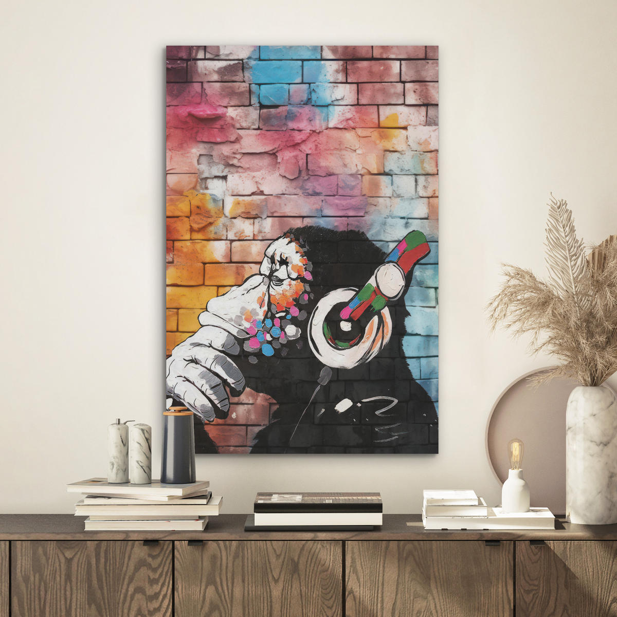 AKUSTIKBILD Affe - Graffiti - Musik Kunstdruck Schlafzimmer 50x70 cm - Multicolor, Kunststoff (50/70/0.9cm) - MuchoWow