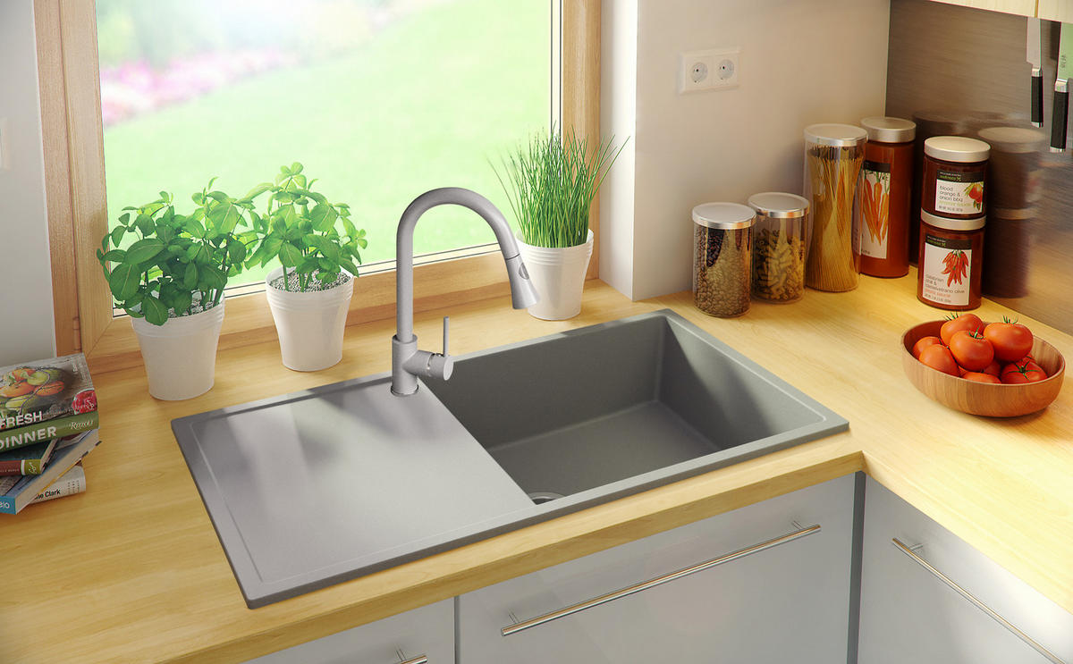 SPÜLBECKEN Ibiza, 2-er set Grau 90/50 cm 1 Becken + Ablauf-Set ab 60er Unterschrank - Chromfarben/Grau, Kunststoff (90/19/50cm) - Primagran