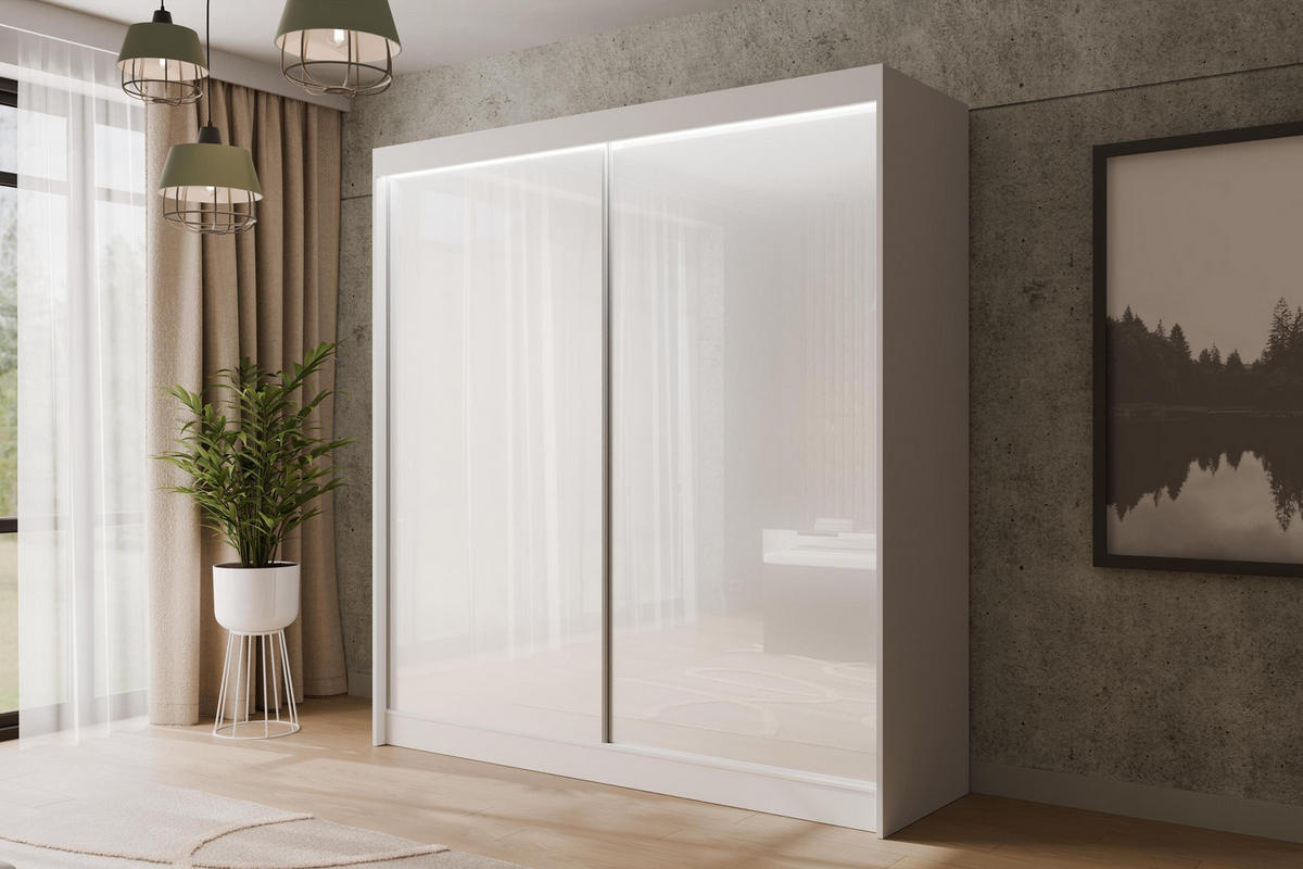 KLEIDERSCHRANK PEKA mit LED - 200 cm - Weiß - Weiß, Holzwerkstoff (200/215/61cm) - ALTDECOR