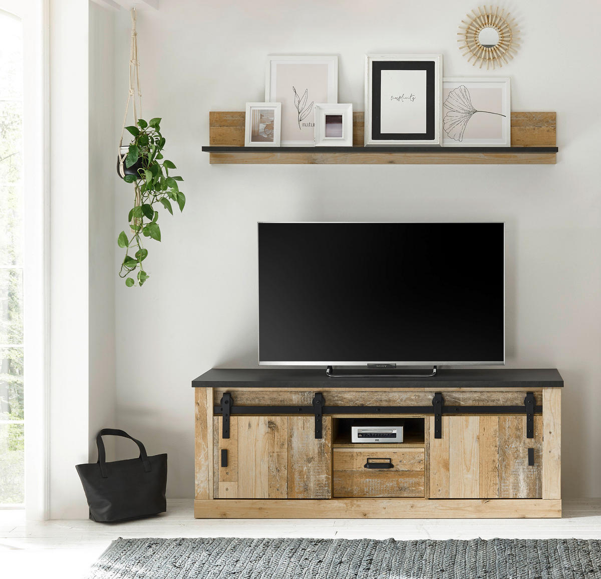 TV-LOWBOARD Used Wood hell, anthrazit 162 x 61 cm, TV Unterteil in Komforthöhe - Anthrazit/Schwarz, Holzwerkstoff/Metall (162/61/43cm) - Furn.Design