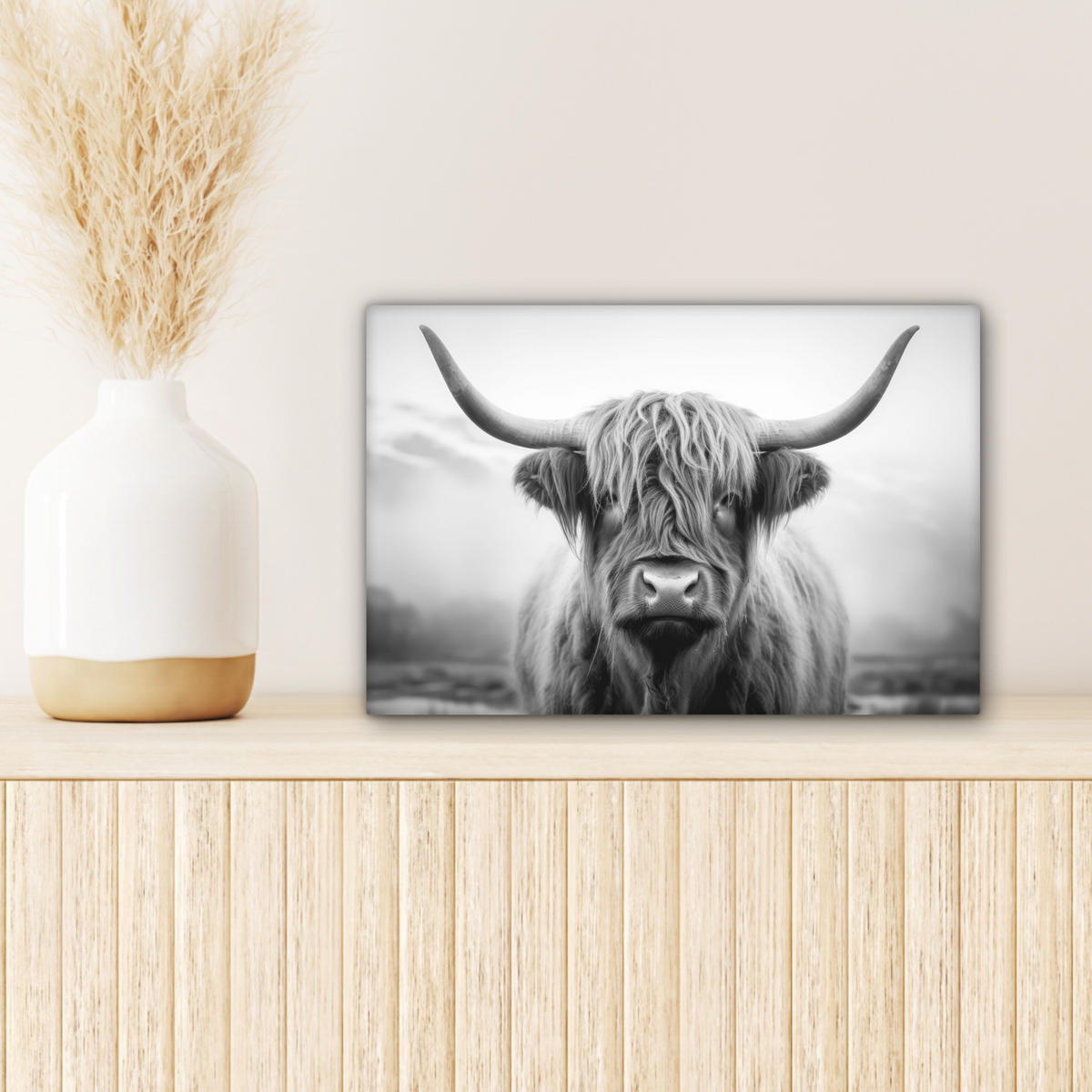 LEINWANDBILD - Schottischer Highlander - Nebel - Schwarz - Weiß - 30x20 - Deko XXL - Grau, Textil (30/20cm) - MuchoWow