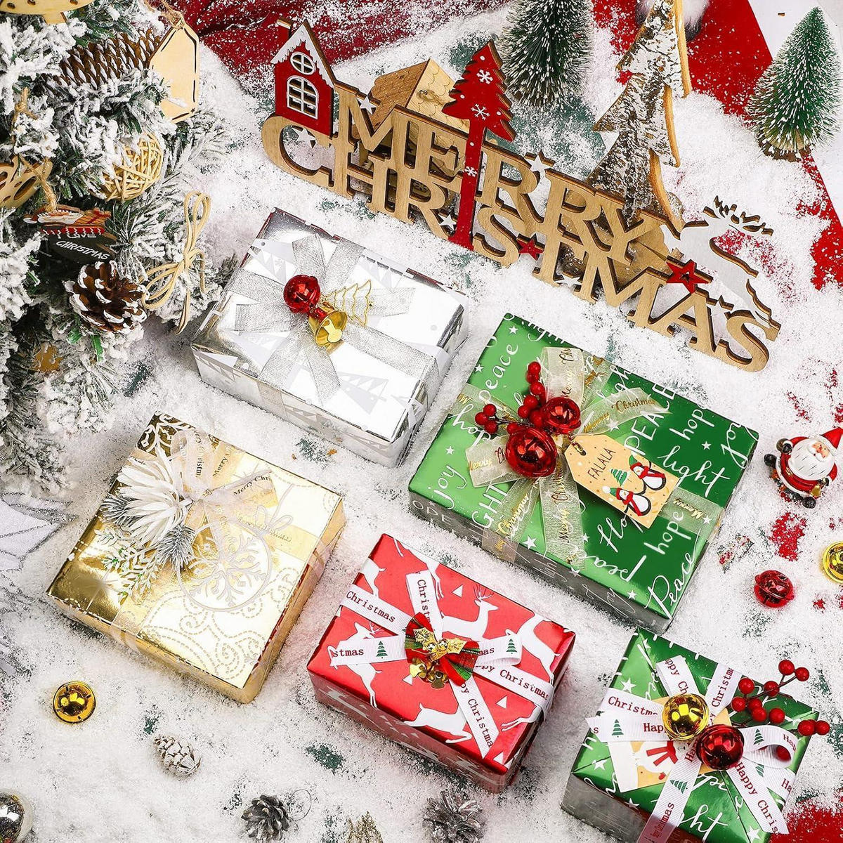 GESCHENKPAPIER 4 Rollen Set 76 cm x 305 cm Metallic Glanz Weihnachtsmotive - Multicolor, Papier (4/76/15cm)
