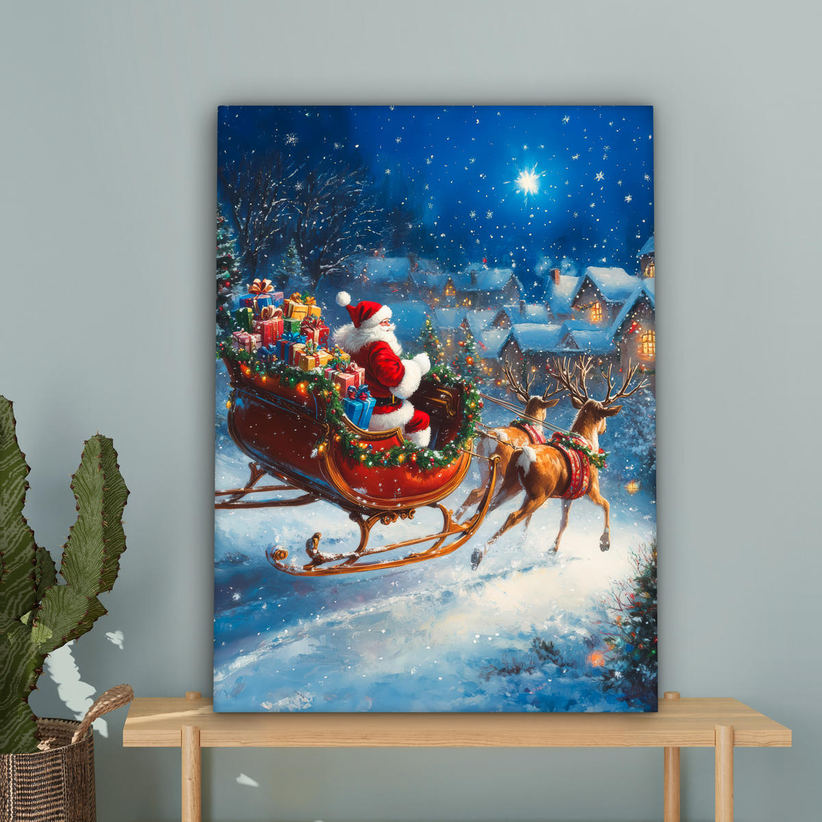 LEINWANDBILD Weihnachtsmann - Rentier - Weihnachten - Schnee 60x80 cm - Cognac, Textil (60/80cm) - MuchoWow