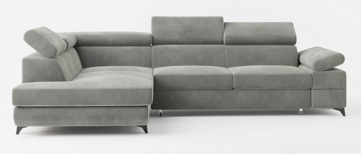 ECKSOFA FAVIEN L-S Hellgrau Velours-Stoff mit Schlaffunktion - Hellgrau, Holz (257/190cm) - MASSENO