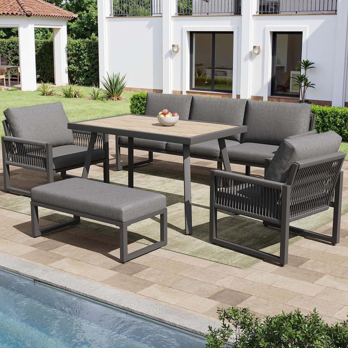 GARTENLOUNGE 184/64/80 cm grau aus Metall, Glas und Polyester mit Tisch und Kissen - Grau, Metall - OKWISH