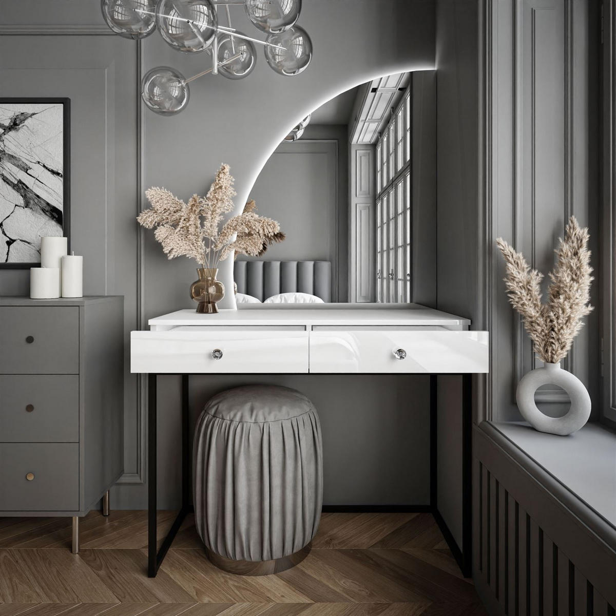 SCHMINKTISCH schwarz/weiß Hochglanz QUINNIE mit LED-Spiegel links Griff Kristall - Weiß Hochglanz/Schwarz, Holzwerkstoff (100/176/42cm) - Lookway