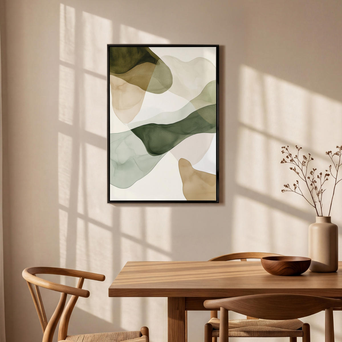 LEINWAND Bilder mit Rahmen - Japandi - Abstrakt - Grün - 60x90 - Salbeigrün, Textil (60/90cm) - MuchoWow