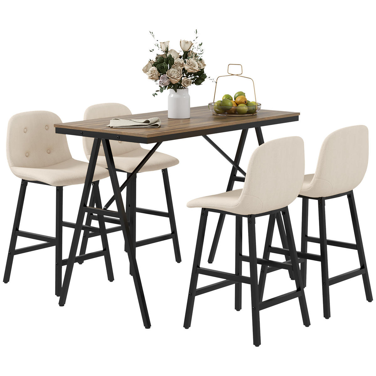 BARGARNITUR 5-teilig DE-07973 Tisch und 4 Stühle mit Knopfheftung Beige - Beige, Holzwerkstoff (60/91/120cm) - ComfortXL
