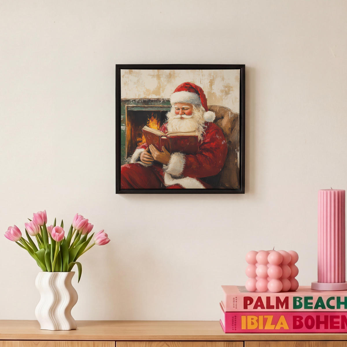 LEINWAND Bilder mit Rahmen - Weihnachten - Weihnachtsmann - Winter - Open Fireside - 20x20 - Dunkelrot, Textil (20/20cm) - MuchoWow