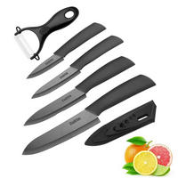 KÜCHENMESSER Set 5-teilig Keramik mit Klingenschutz Schwarz - Schwarz, Keramik (15.5cm)