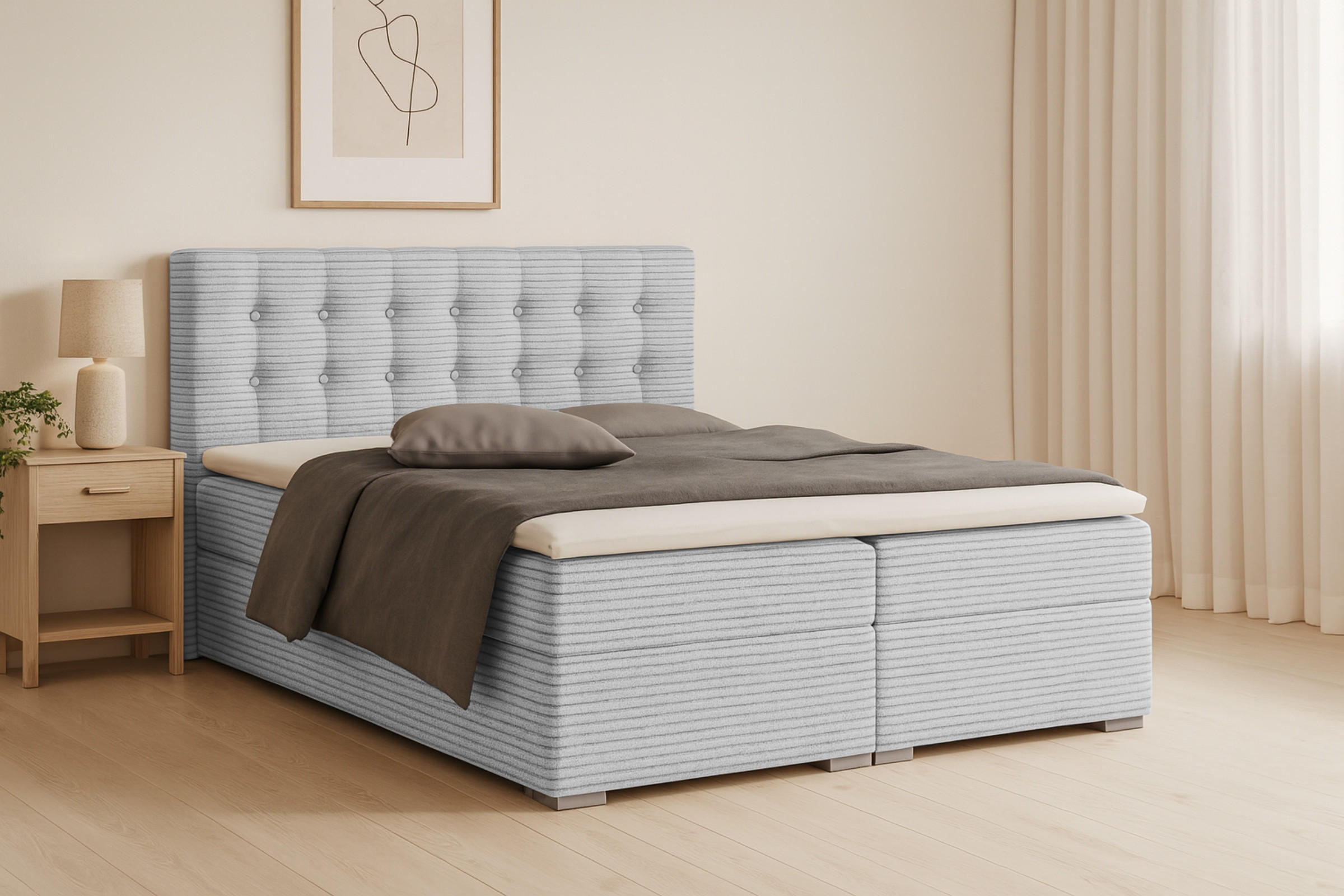 BOXBETT CYNTHIA 140/200 in Cord Hellgrau H3 - Hellgrau, Holz/Holzwerkstoff (140/200cm) - Deine Möbel 24