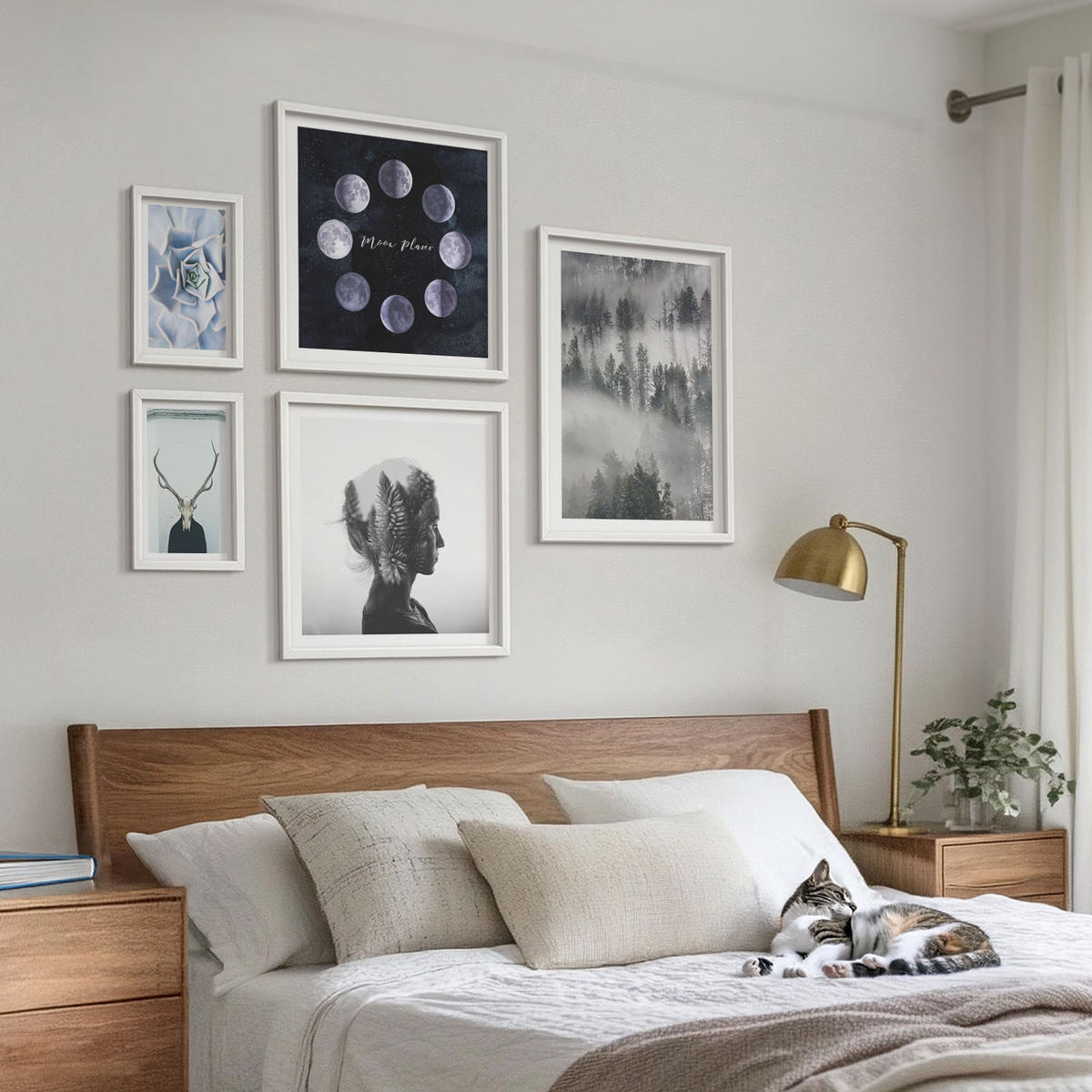 WANDBILDER 5er-Set - 50x50 cm & 20x30 cm & 40x60 cm Weißer Rahmen - Waldnebel, Mond, Schädel, Frau - Weiß, Kunststoff (40/60cm) - ArtPrintCave