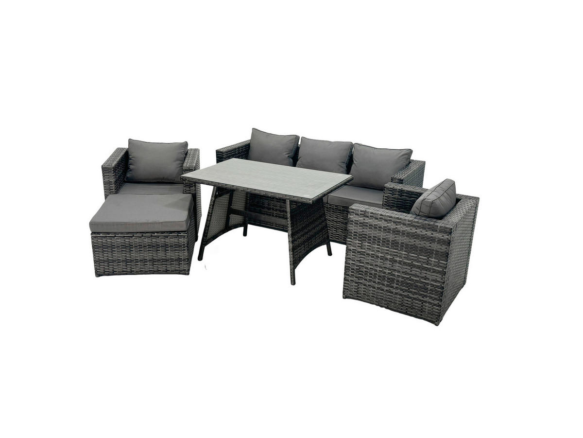 LOUNGESOFA SET mit Esstisch Hocker Polyrattan 6-Sitzer - Dunkelgrau/Grau, Glas/Kunststoff - Fimous