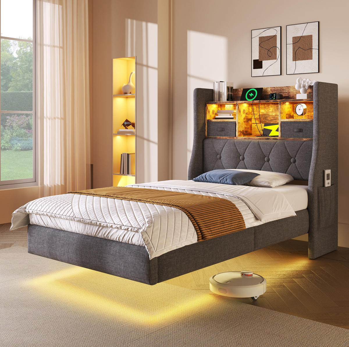 POLSTERBETT 90/200 cm grau aus Leinen mit LED, USB-C und Stauraum - Grau, Textil (90/200cm) - OKWISH