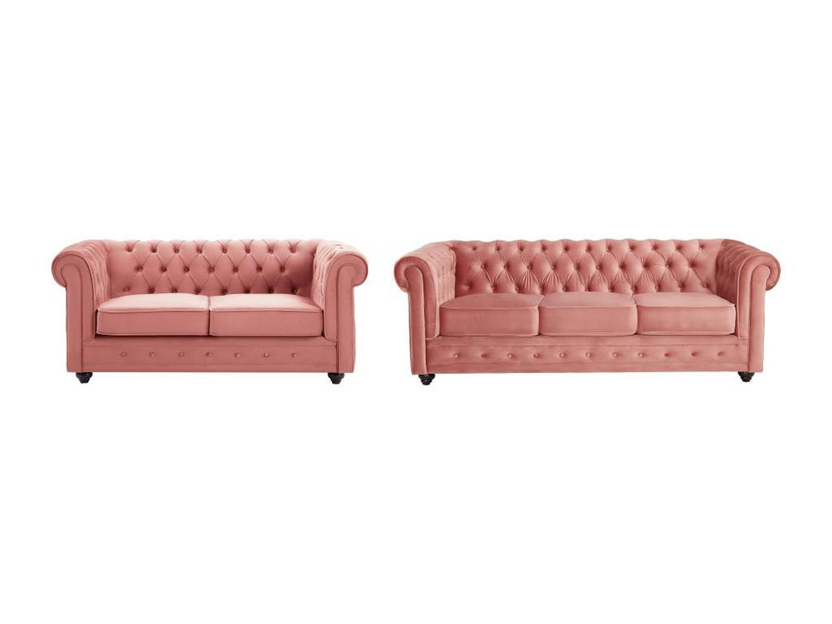 SOFA 3-Sitzer & 2-Sitzer - Samt - Pastellrosa - CHESTERFIELD - Pink, Textil (88/72/205cm) - Vente-Unique