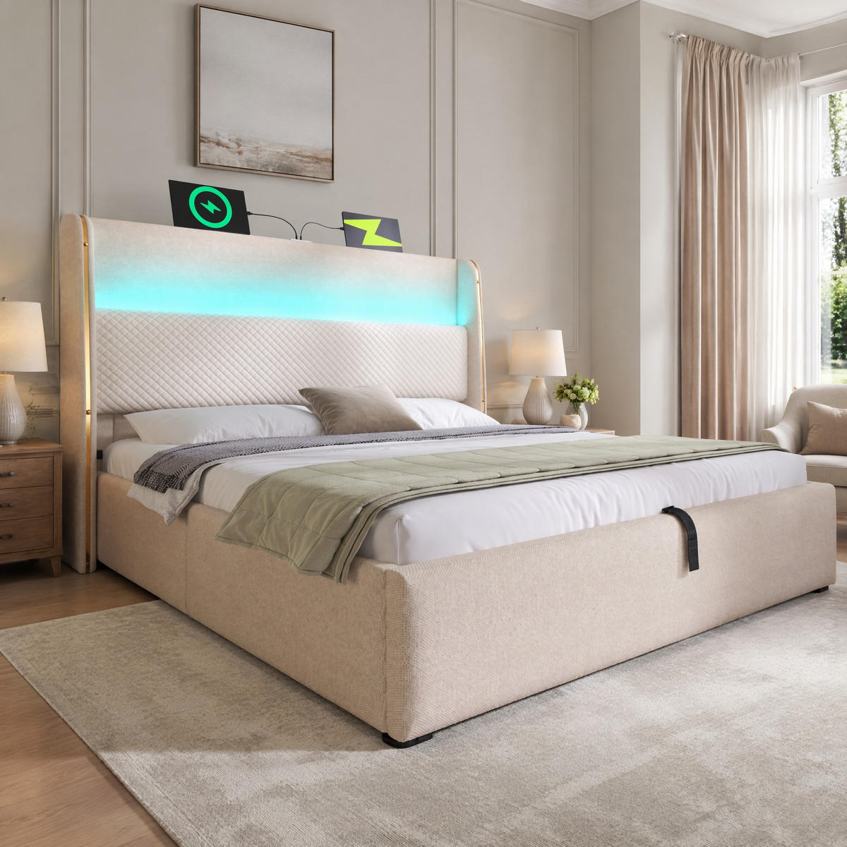 POLSTERBETT 180/200 mit LED, Bettkasten und USB/Type-C-Anschlüssen in Beige - Beige, Holzwerkstoff/Textil (180/200cm) - EVRYAE