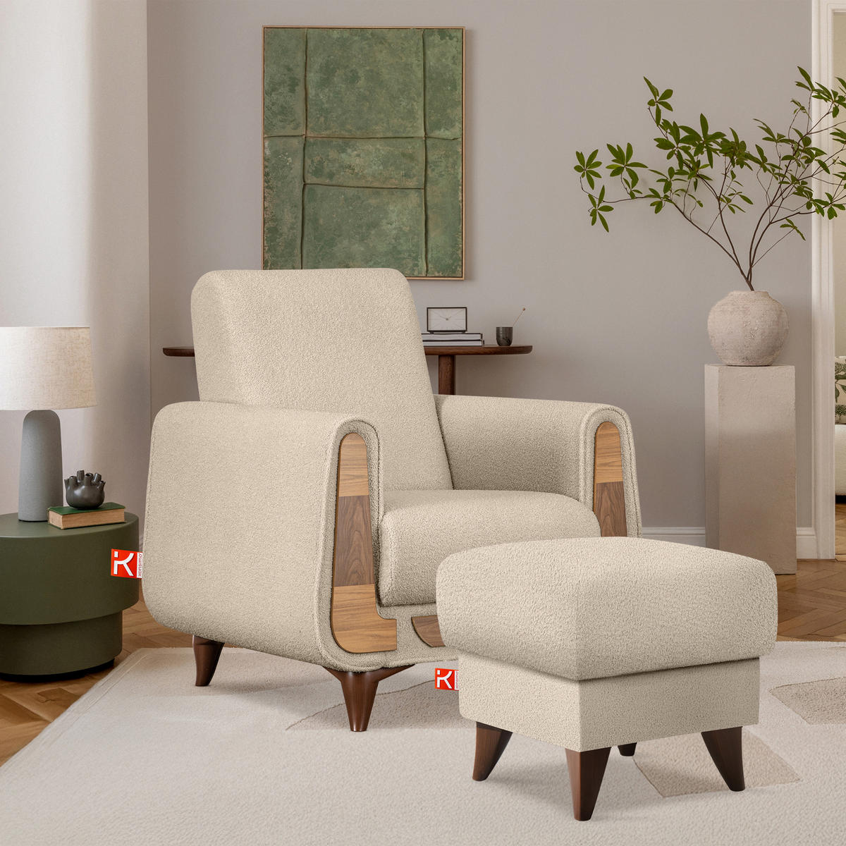 HOCKER GUSTAVO Fußstütze, Bouclé, Creme - Creme, Holz/Holzwerkstoff (53/49/53cm) - KONSIMO®