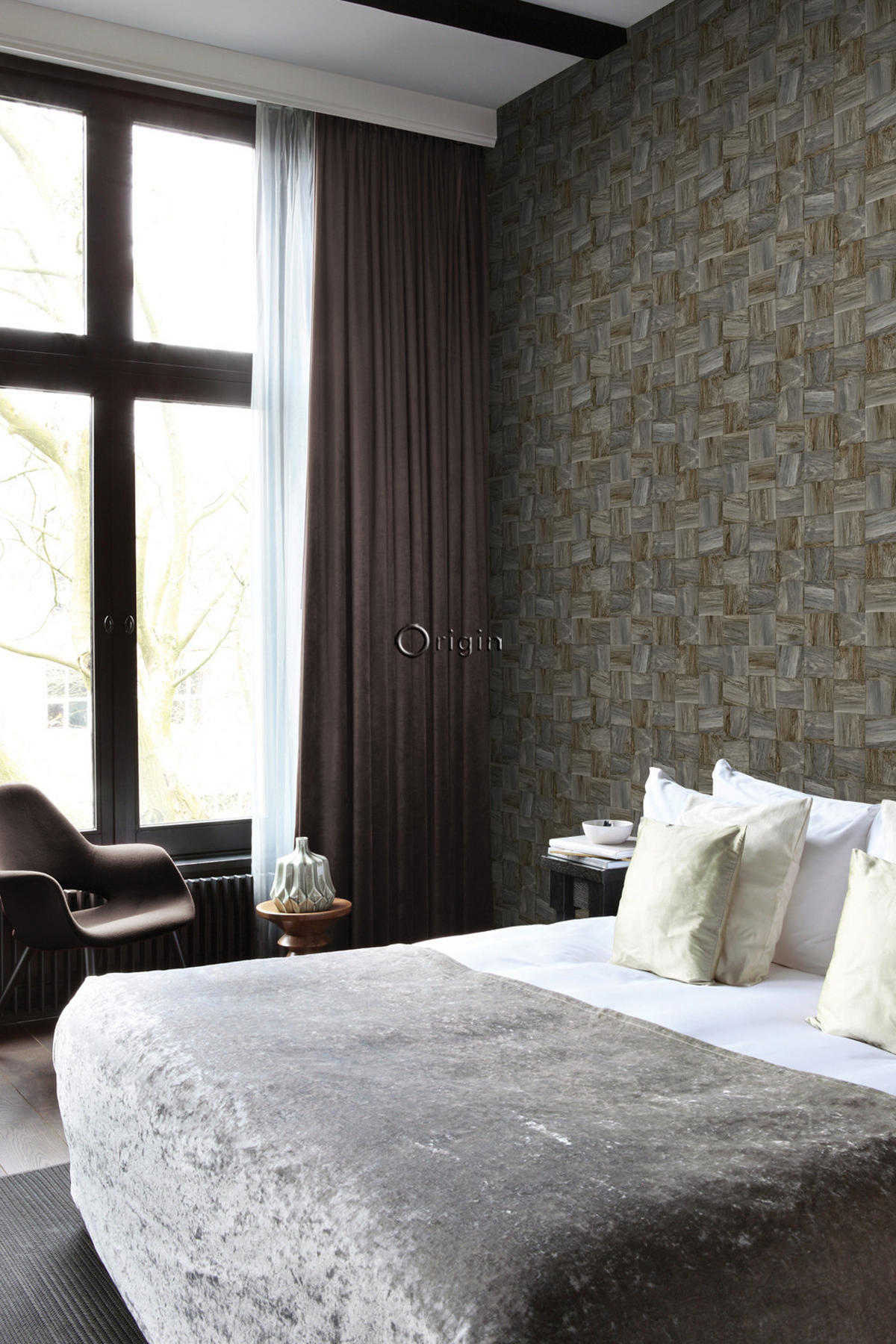 TAPETE quadratische Holzstücke 53 cm x 10.05 m - Braun, Papier (53/1000cm) - Origin Wallcoverings