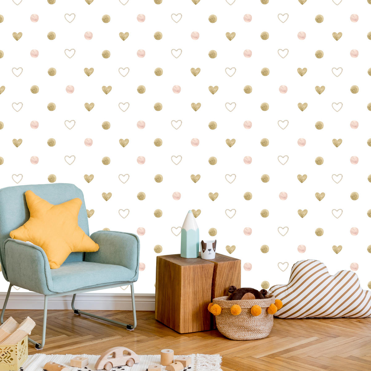 VLIESTAPETE Aquarellpunkte und Herzen – Goldfarben, Rosa, Weiß – 50x1000 cm - Goldfarben/Rosa, Papier (50/1000cm) - Muralo