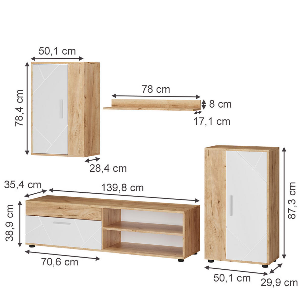 NÁSTĚNNÁ SKŘÍŇKA Berno GKO/bílá - bílá/medově dubová, kompozitní dřevo (140/38.7/35.2cm) - Vicco