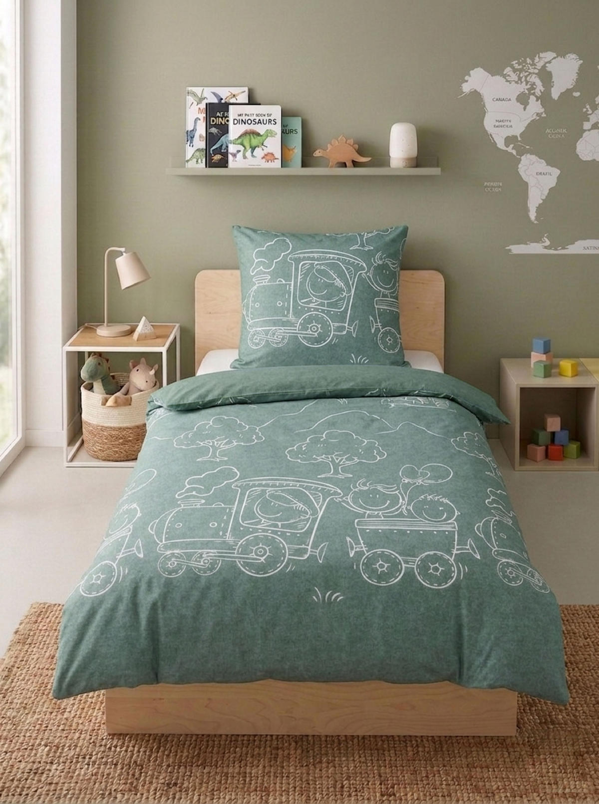 BETTWÄSCHE-GARNITUR Premium Melange Lokomotive fichte, 135x200 cm + 80x80 cm - Dunkelgrün, Textil (135/200cm) - biberna