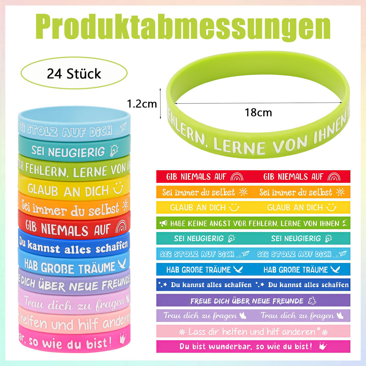 24 Stück Motivationsarmbänder Kinder, 6cm Silikon Armband, kleine geschenke für kinder, Abschiedsgeschenk Schüler Grundschule - Multicolor, Textil (18/1.2/6cm)