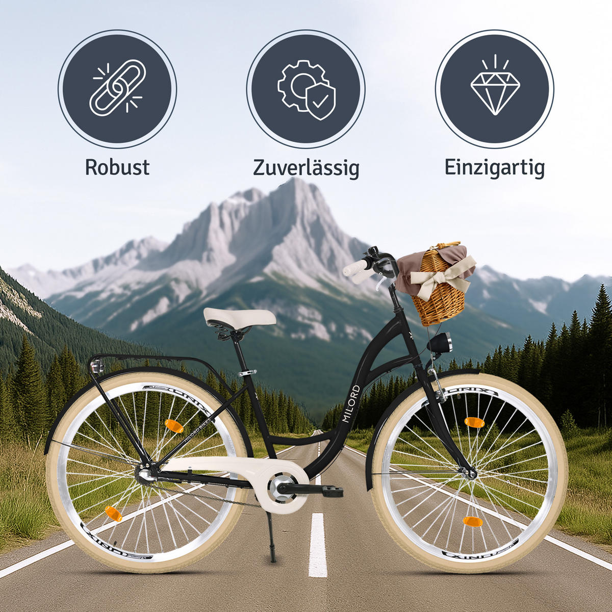 CITY-FAHRRAD Milord mit Weidenkorb, 28 Zoll, Schwarz-Creme, 3-Gang - Creme/Schwarz, Metall (46cm) - Milordbikes