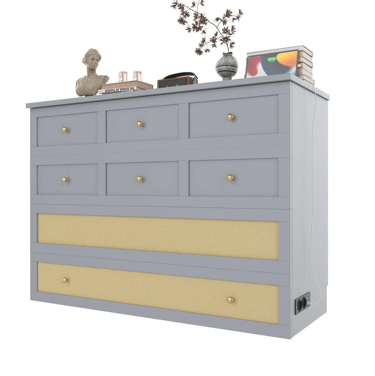 BETT 140/200 cm Grau mit USB-Anschluss, Steckdose und Stauraum - Grau, Holzwerkstoff (140/200cm) - Flora Grace