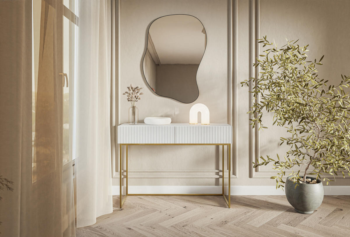 SCHMINKTISCH Veldio Weiß mit goldenen Beinen 110 cm - Goldfarben/Weiß, Holzwerkstoff/Metall (110/79/40cm) - Selsey