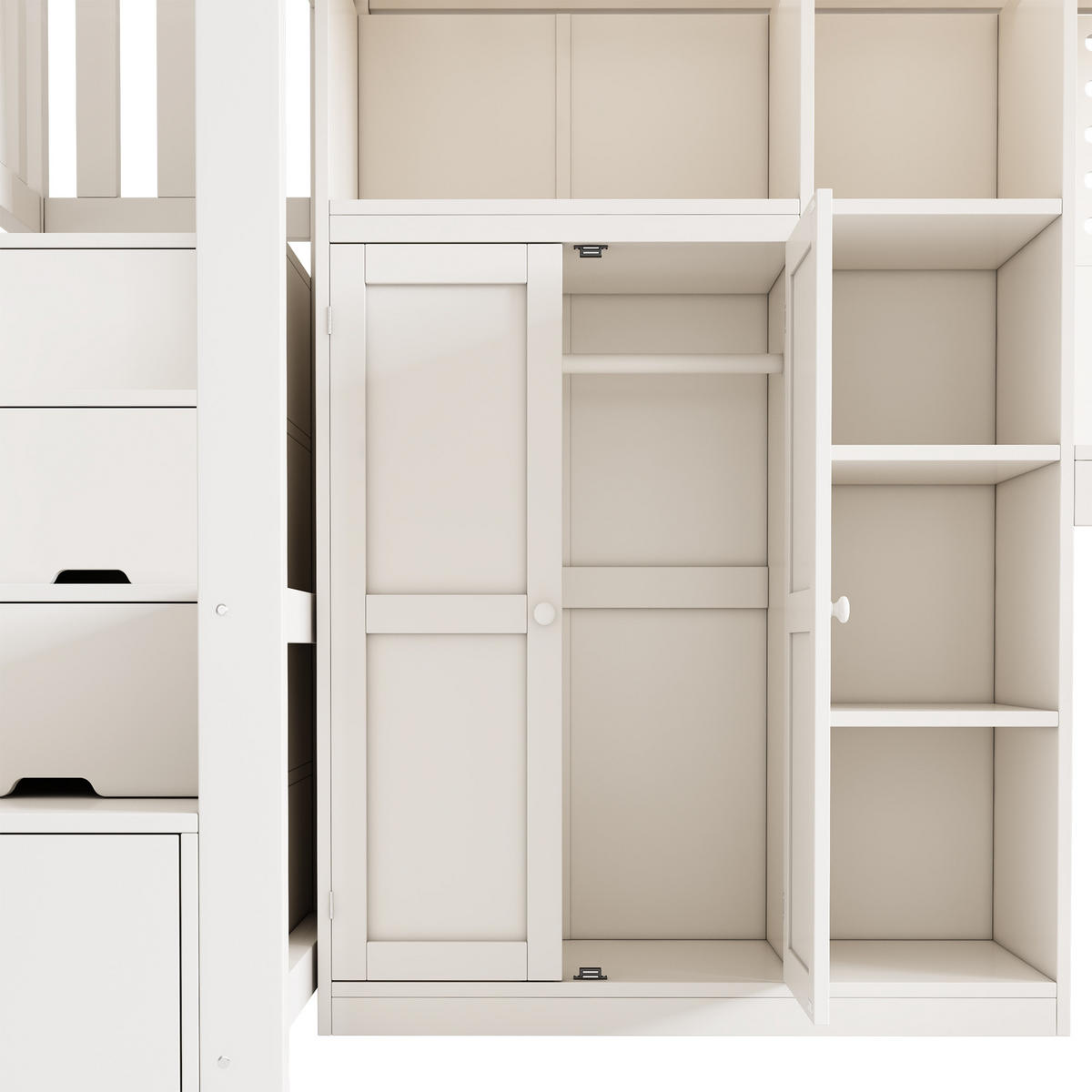 HOCHBETT 90/200 cm aus Holz mit Schreibtisch, Leiterschrank, Kleiderschrank und USB/Typ-C, Weiß - Weiß, Holzwerkstoff (90/200cm) - Redom