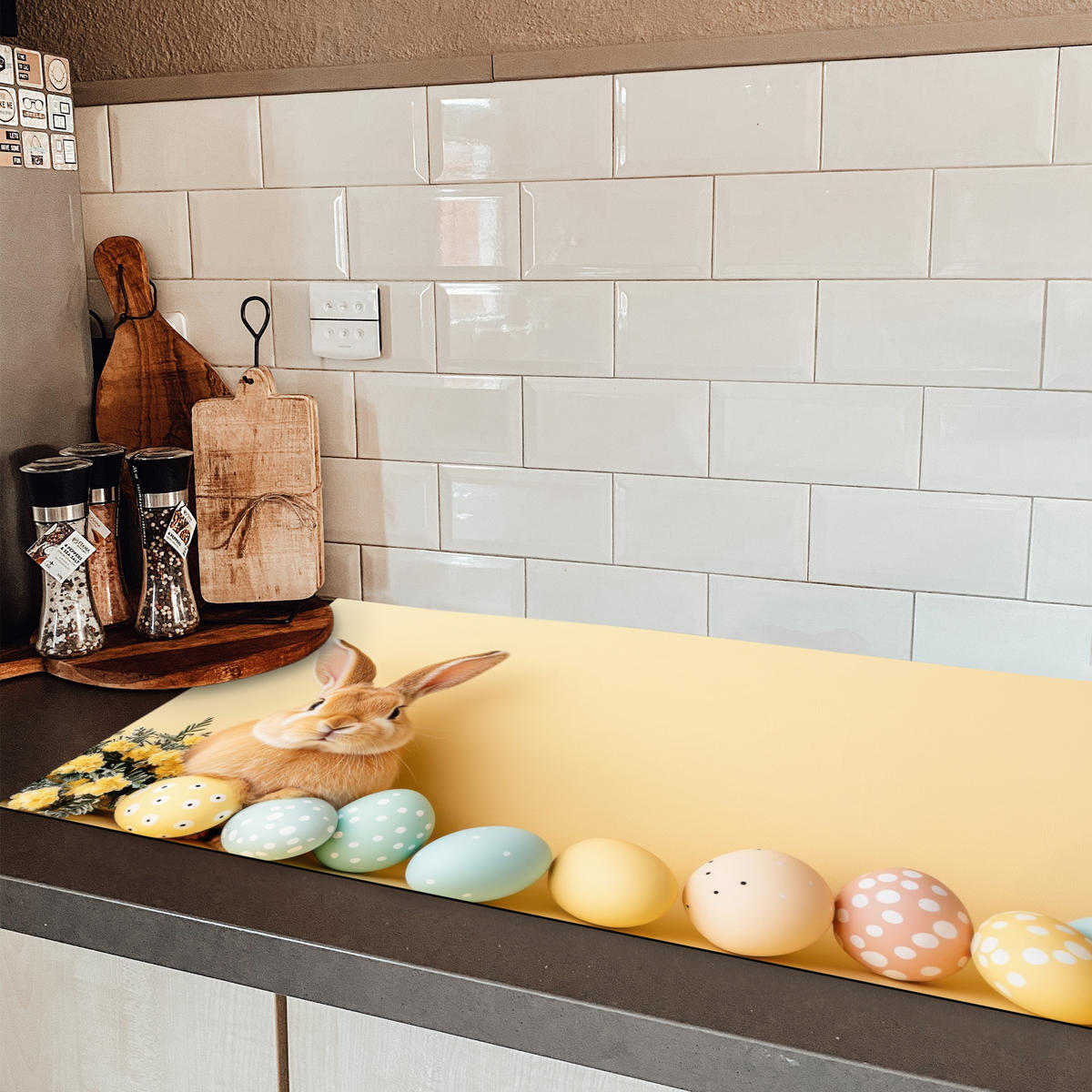 HERDABDECKPLATTE Eier - Kaninchen - Pastellfarbtöne Ceranfeldabdeckung 90x52 cm - Hellgelb, Kunststoff (90/52/0.2cm) - MuchoWow