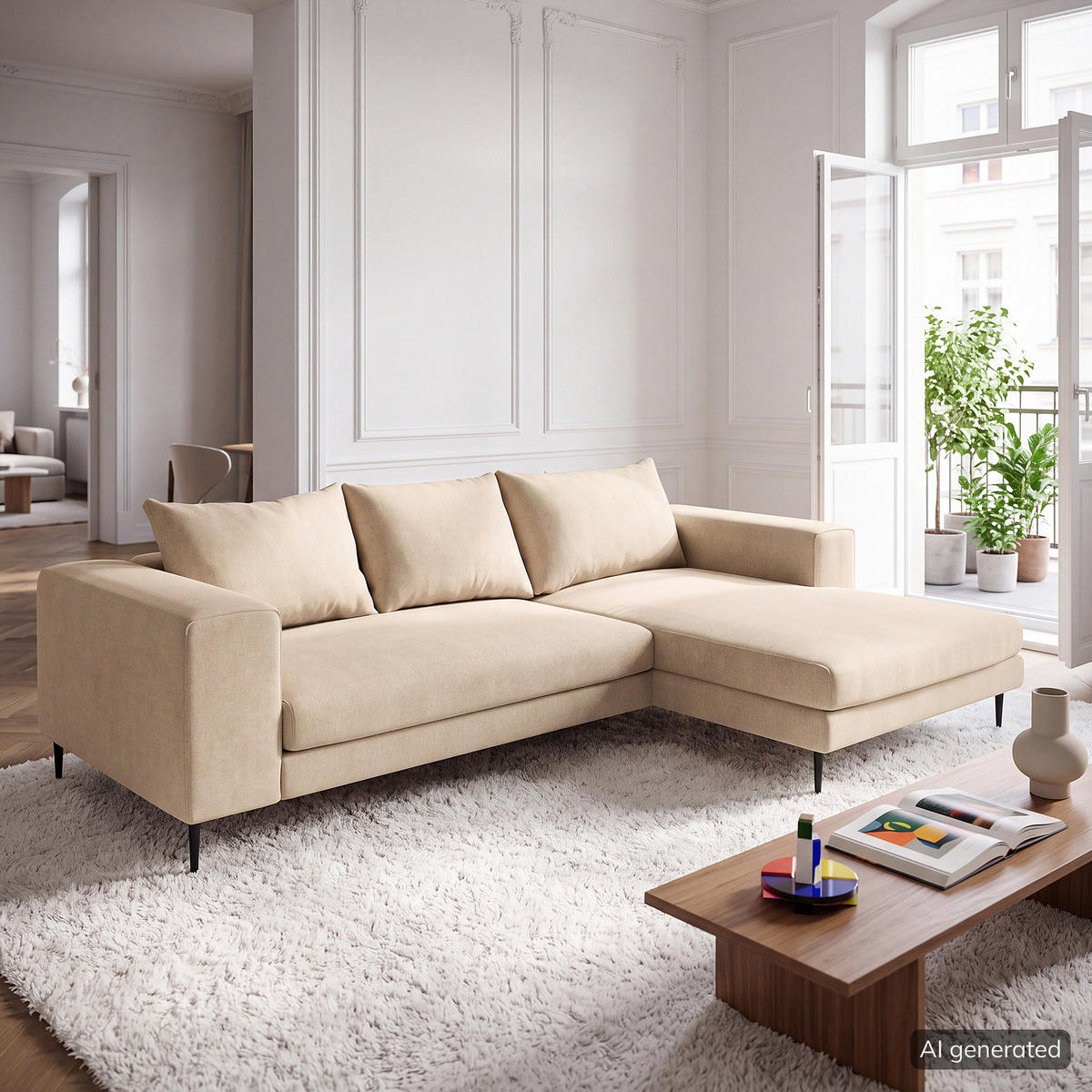 ECKSOFA mit Longchair Small - Beige/Schwarz, Textil/Metall (275/170cm) - home24