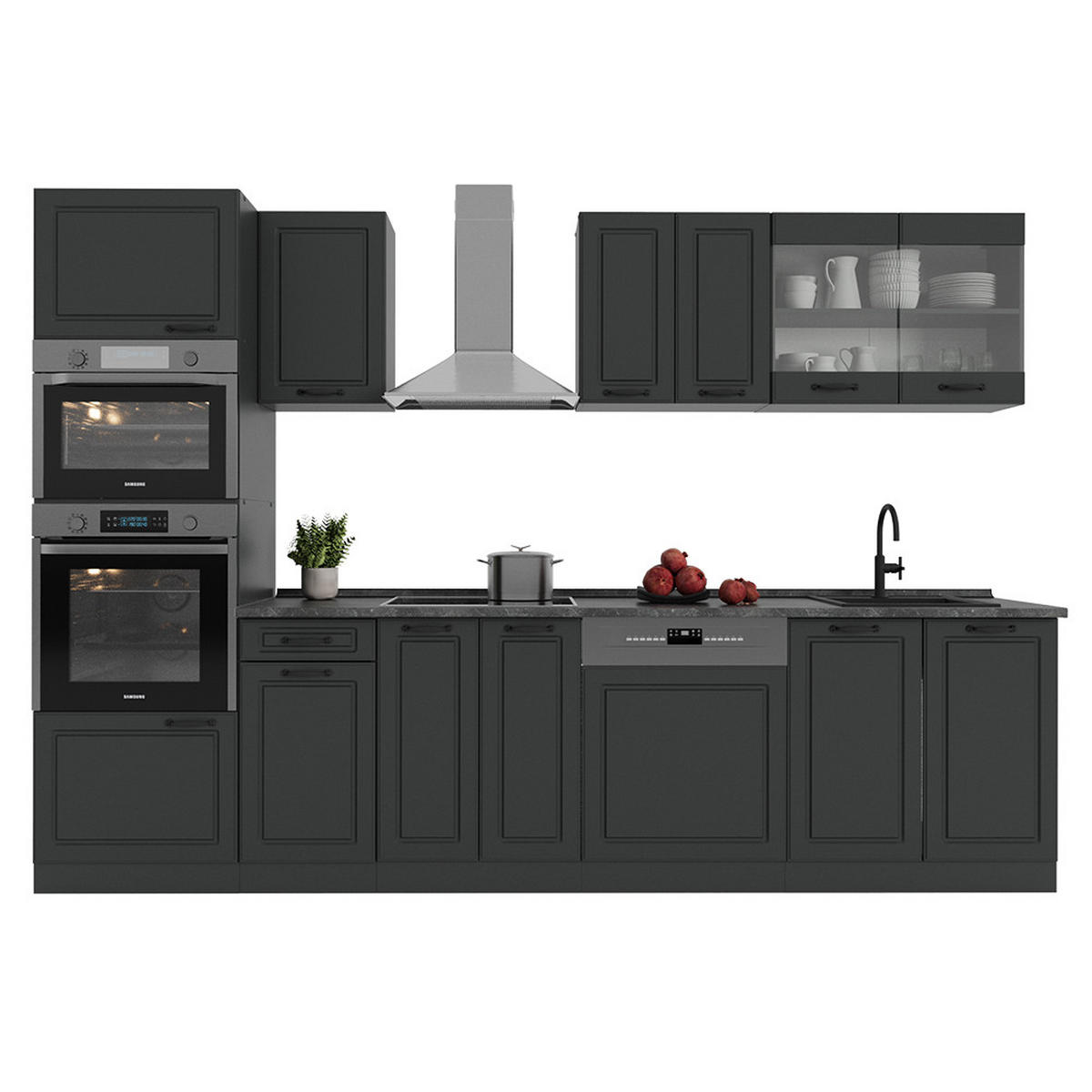 KÜCHENZEILE R-Line Anthrazit Landhaus/Anthrazit 300 cm mit Hochschrank, ohne Arbeitsplatte - Anthrazit, Holzwerkstoff (300/81.6/46cm) - Vicco