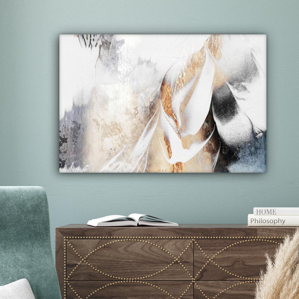 LEINWANDBILD Luxus - Abstrakt - Gold - Weiß Gemälde 60x40 cm - Goldfarben, Textil (60/40cm) - MuchoWow