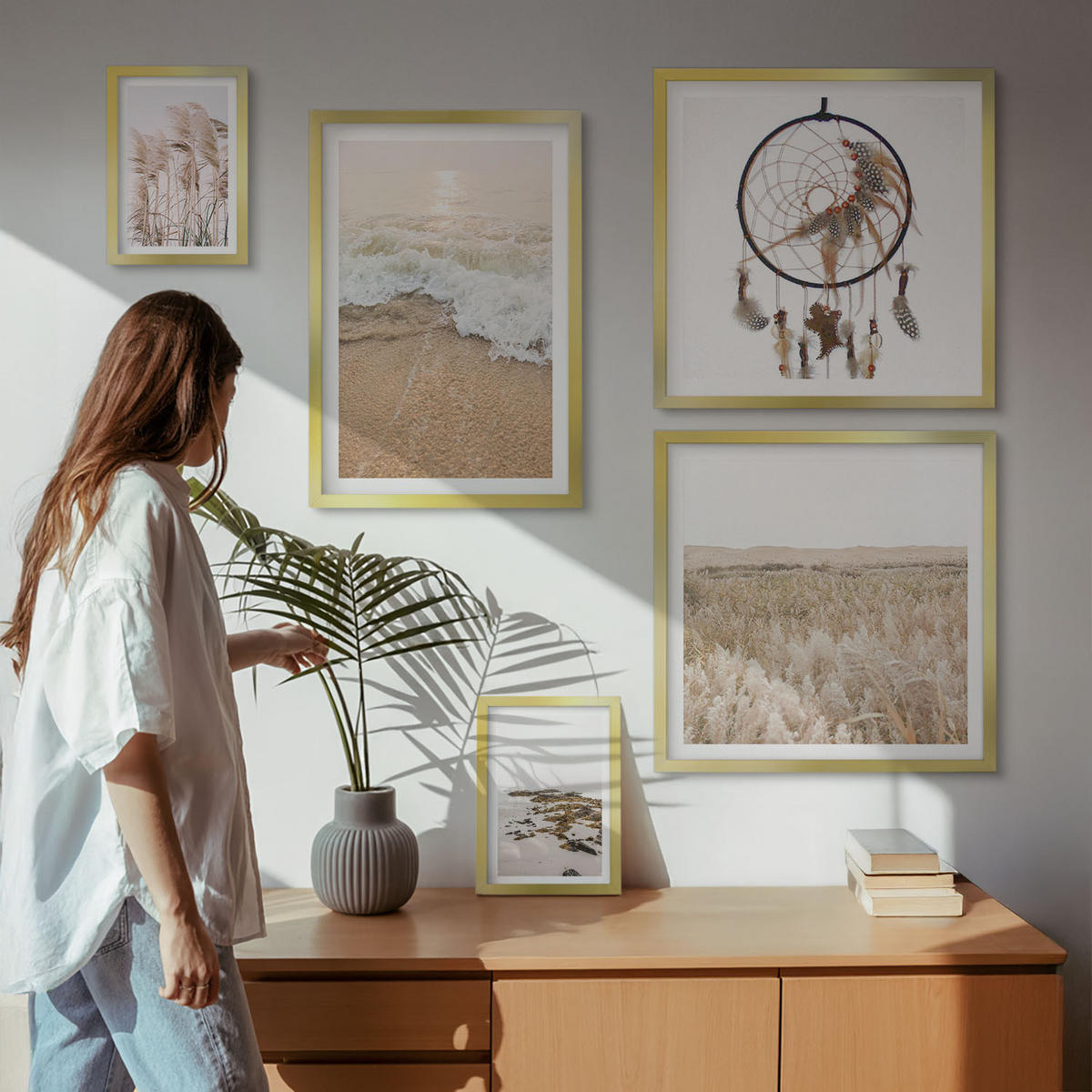 WANDBILDER 5er Set - 50x50 cm & 20x30 cm & 40x60 cm Goldrahmen - Strandgras, Wellen, Steine, Boho-Stil - Goldfarben, Kunststoff (40/60cm) - ArtPrintCave