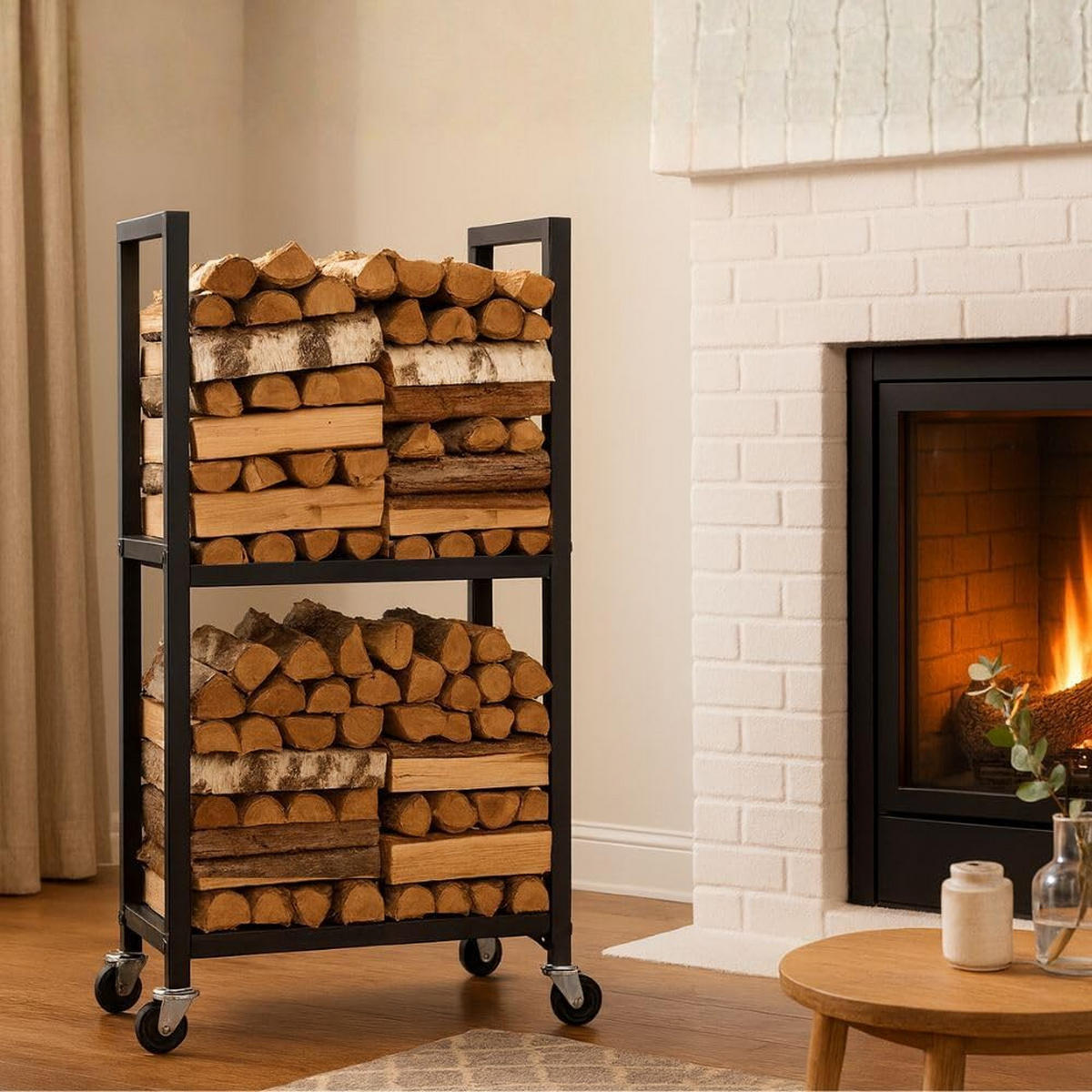 KAMINHOLZREGAL Phoenix innen & außen mit Rollen 82x44x28cm Schwarz - Schwarz, Metall (44/82/28cm) - PROREGAL