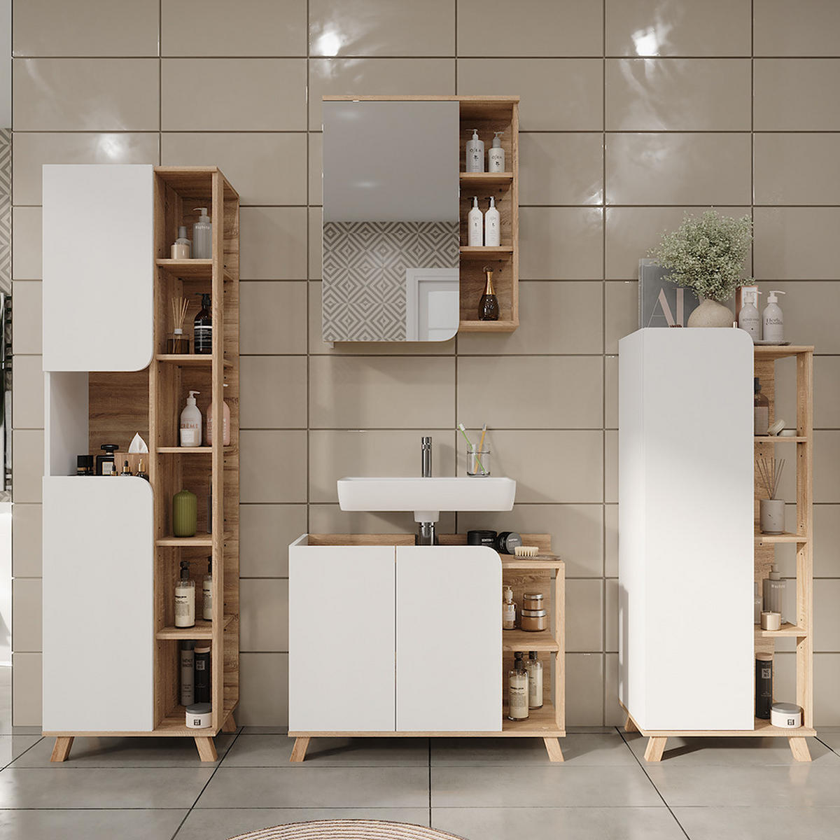 BADMÖBEL-SET Karen Sonoma/Weiß 4 Teile - Weiß/Sonoma Eiche, Holzwerkstoff (80/65/35cm) - Vicco