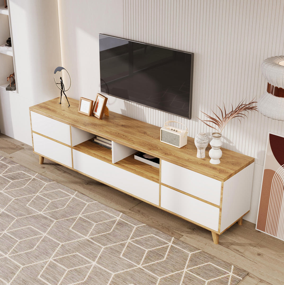 TV-ELEMENT mit 4 Türen 175 x 37 x 51 cm MDF Weiß und Holzoptik - Weiß, Holzwerkstoff (37/51/175cm) - Beauniv