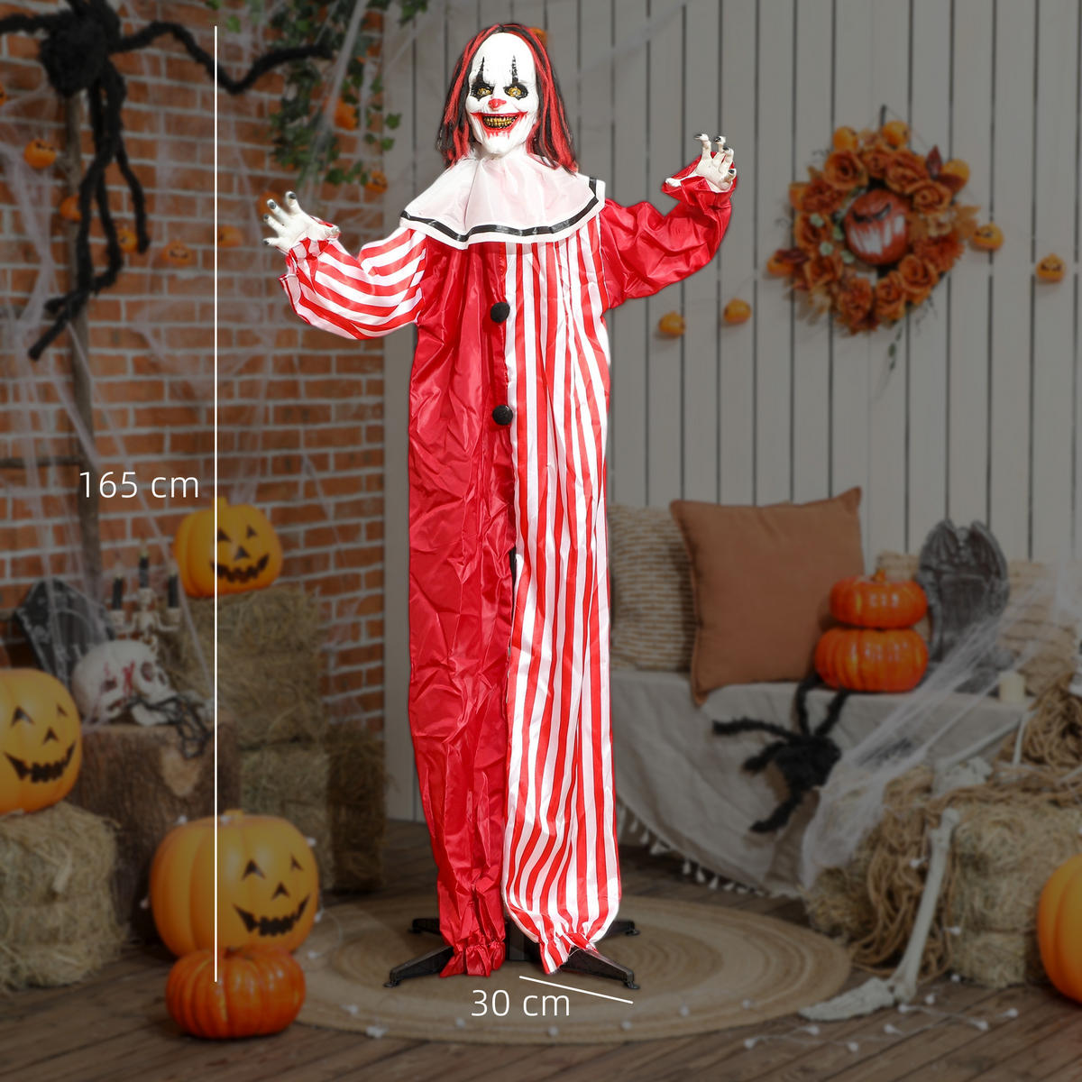 HALLOWEEN-DEKORATION Clown 165 cm mit LED-Lichter, Soundfunktion - Rot, Textil (16/165/70cm) - Outsunny